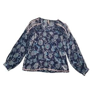 Anthropologie‎ Raga Top Blue Boho Floral Tassel Fringe Long Sleeve Women's Small